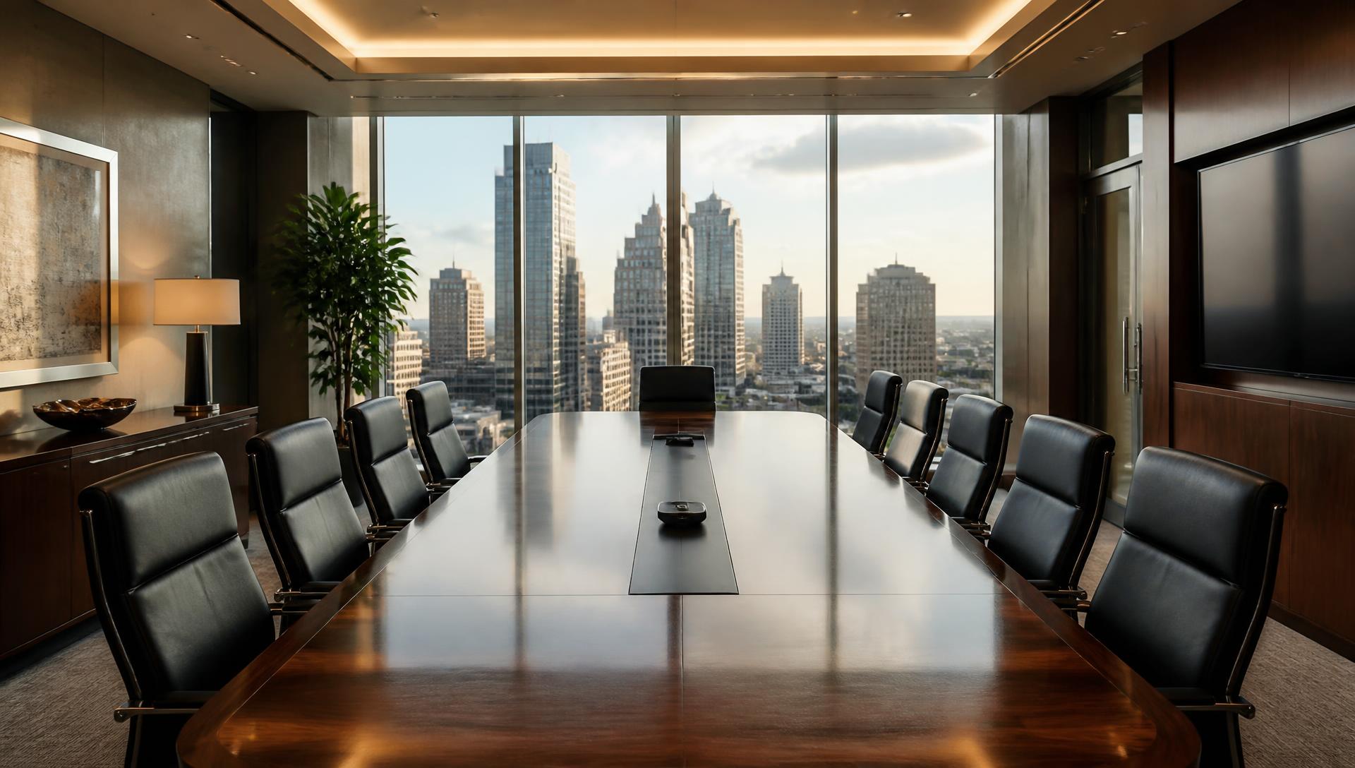 Empty executive boardroom with a long wooden table, leather chairs and floor-to-ceiling windows overlooking a city skyline